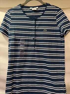 Lacoste Navy & White Striped Short Sleeve Polo Top